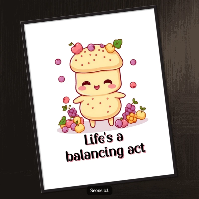 Funny Scone Juggler Poster: An artful display of a scone character skillfully juggling tiny currant decorations, full of mirth.