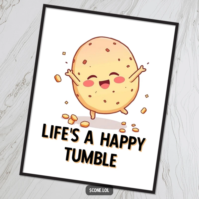 Funny Scone Character Poster, caught mid-cartwheel, giggling with abandon, crumbs scattering, a celebration of playful movement.