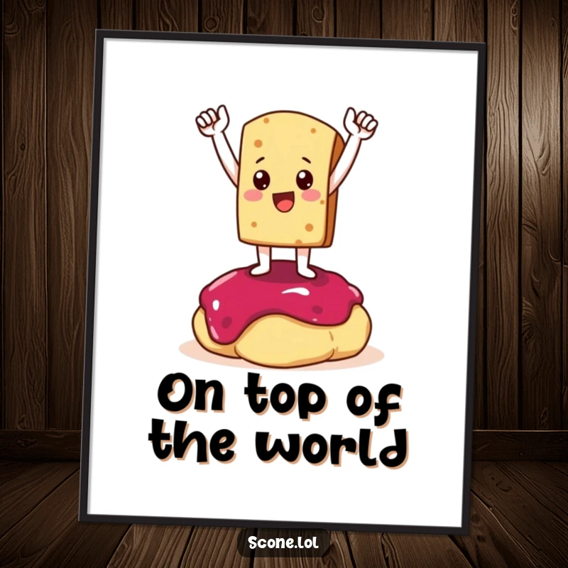 Funny Poster Print: A scone character poses triumphantly on a large dollop of jam, celebrating a delicious victory.