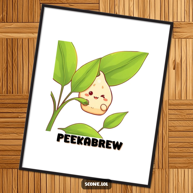 Funny Poster Print: A scone character with a cheerful grin peeks from behind a large tea leaf, creating whimsical wall art.