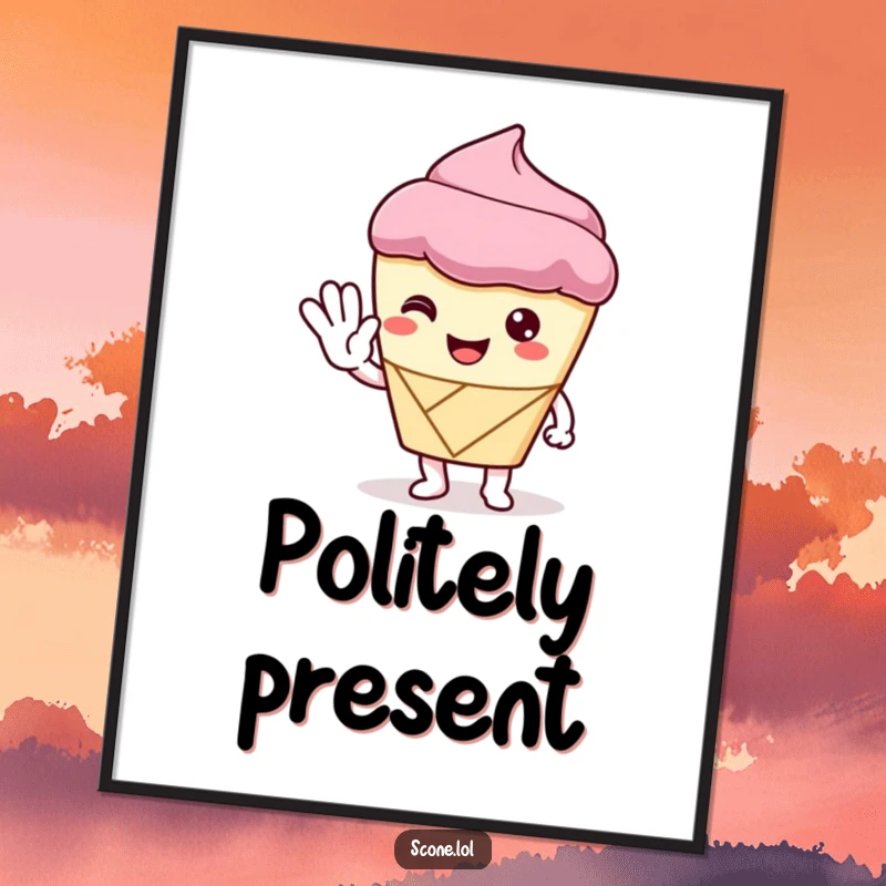 Funny Poster of a scone character giving a polite wave with its pastry hand, embodying friendly greetings and a sweet welcome.