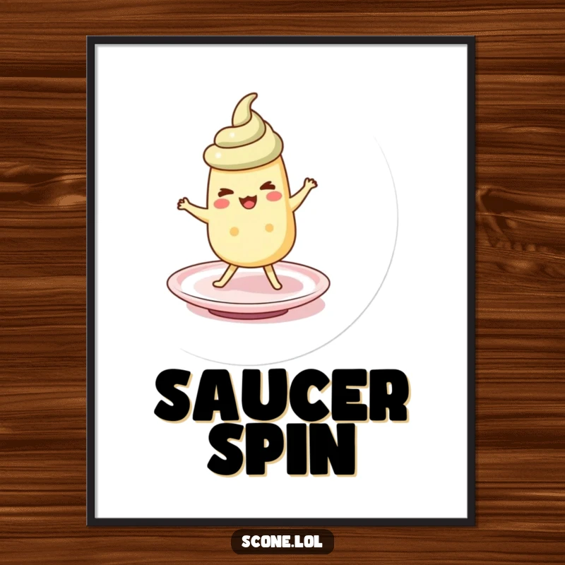 Funny scone character performing a silly jig on a saucer, featured in a lively and humorous art poster.