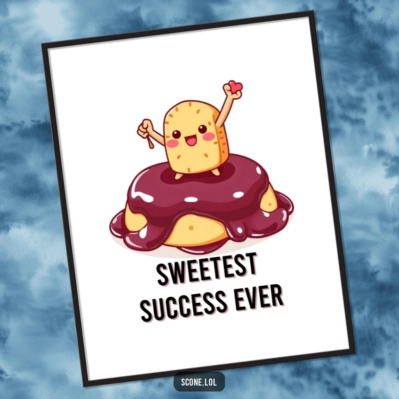 Funny Scone Poster: Humorous art showcasing a triumphant scone character standing proudly on a dollop of jam.