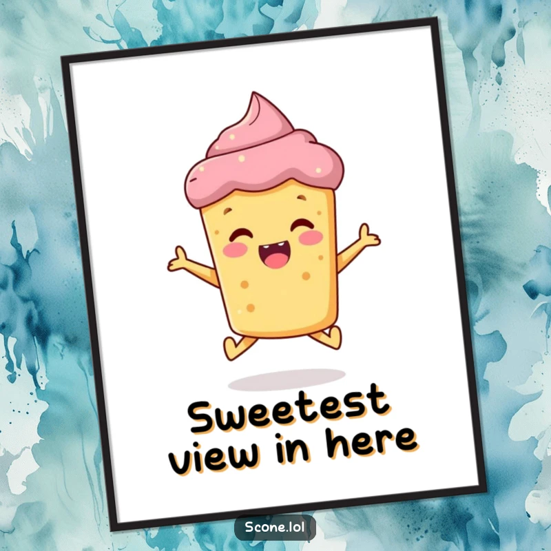 Funny scone poster, a cheerful baked good jumping with ecstatic joy, bringing a humorous vibe to wall decor.