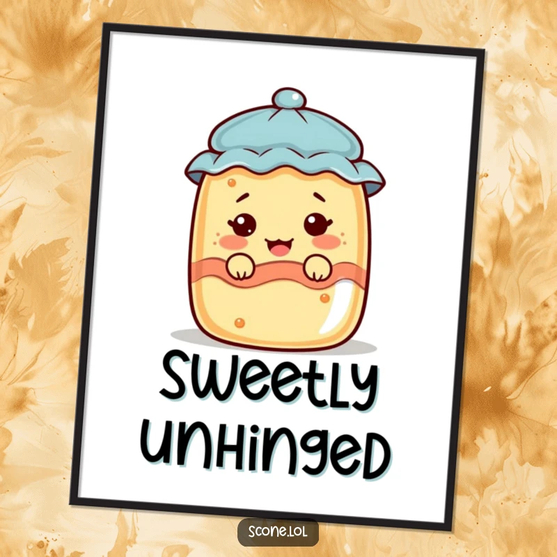 Funny scone character peeking from a jam jar, pulling a funny face, displayed as charming wall art poster.