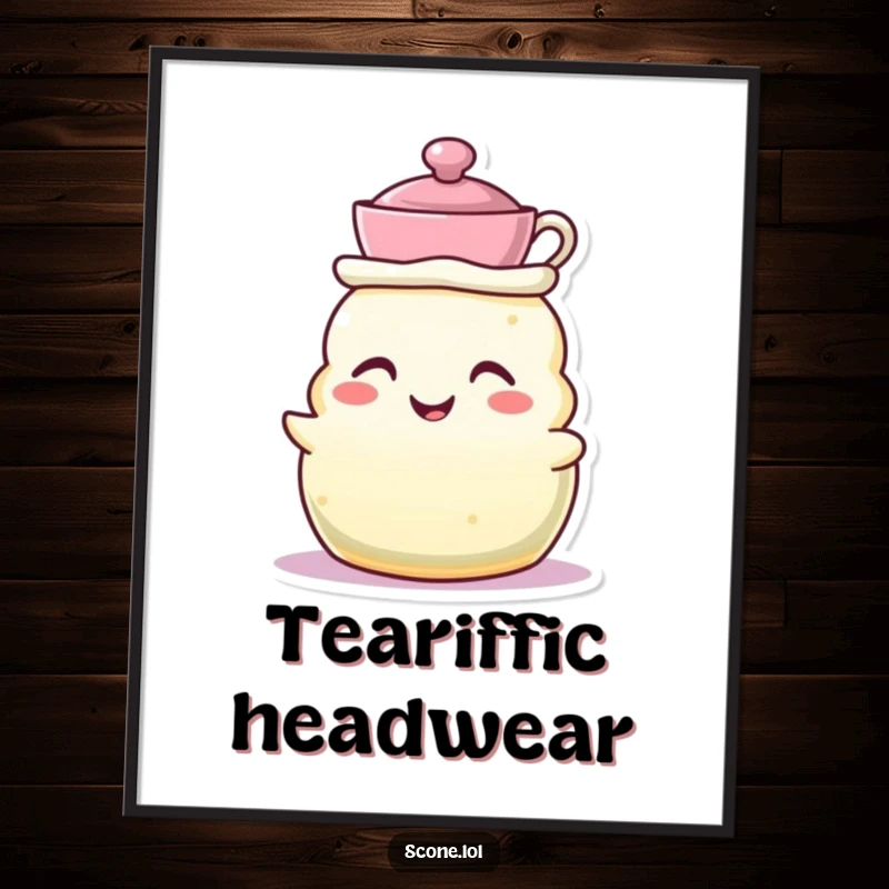 Funny poster of a scone character wearing a tiny teacup as a hat, grinning, evoking whimsical tea party elegance.
