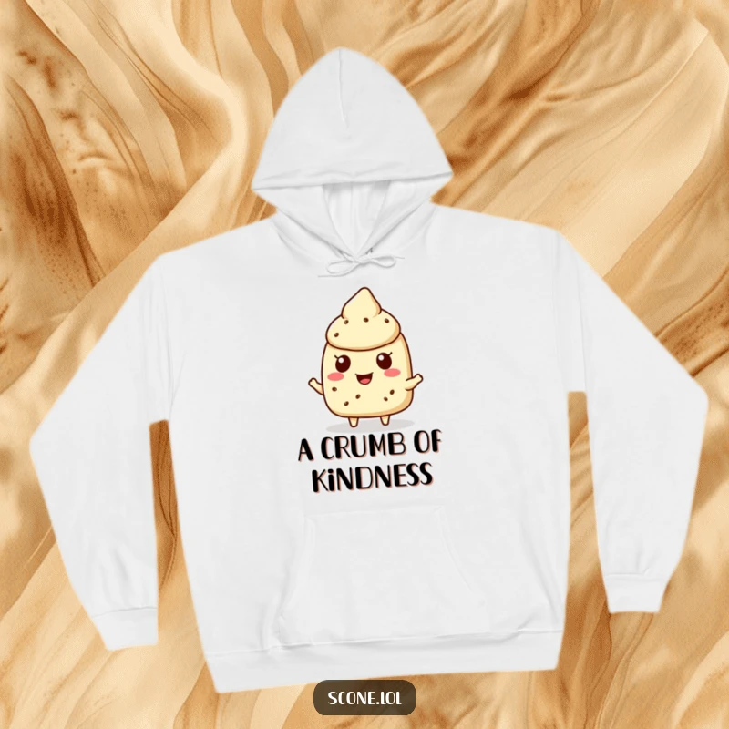 Funny scone character hoodie featuring a cheerful scone offering a crumb, perfect for cozy, heartwarming wear.