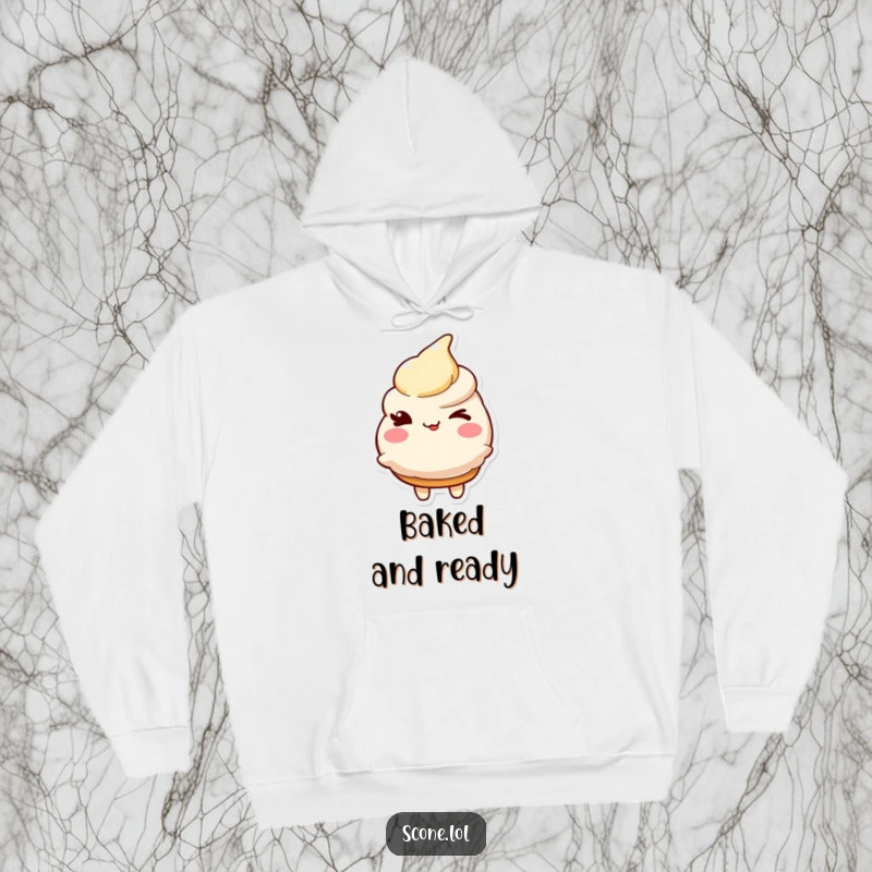 Funny hoodie featuring a delightful scone character offering a friendly, sly wink, radiating warmth and personality.