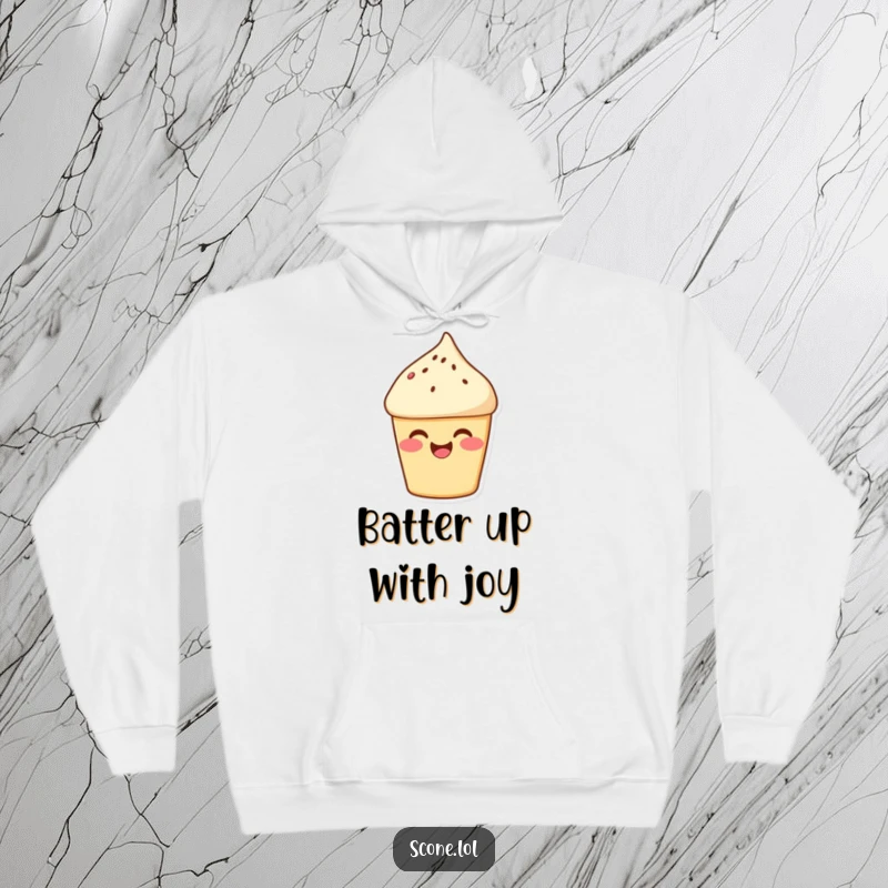 Funny Scone Cozy Hoodie: A happy scone with rosy cheeks is depicted mid-giggle, offering warmth and smiles. Excellent funny gift.