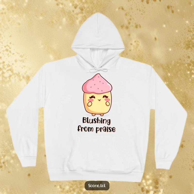 Funny hoodie illustrating a scone blushing beautifully after receiving a heartfelt compliment, exuding warmth.