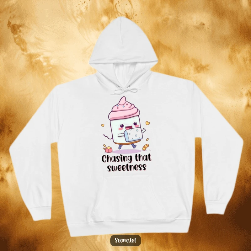Funny hoodie featuring a scone character playfully racing a sugar cube, offering cozy comfort and a spirit of lighthearted competition.
