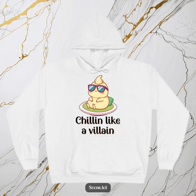 Funny Satay Hoodie: A stylish satay character in tiny shades relaxes on a plate, offering humorous warmth and comfort.