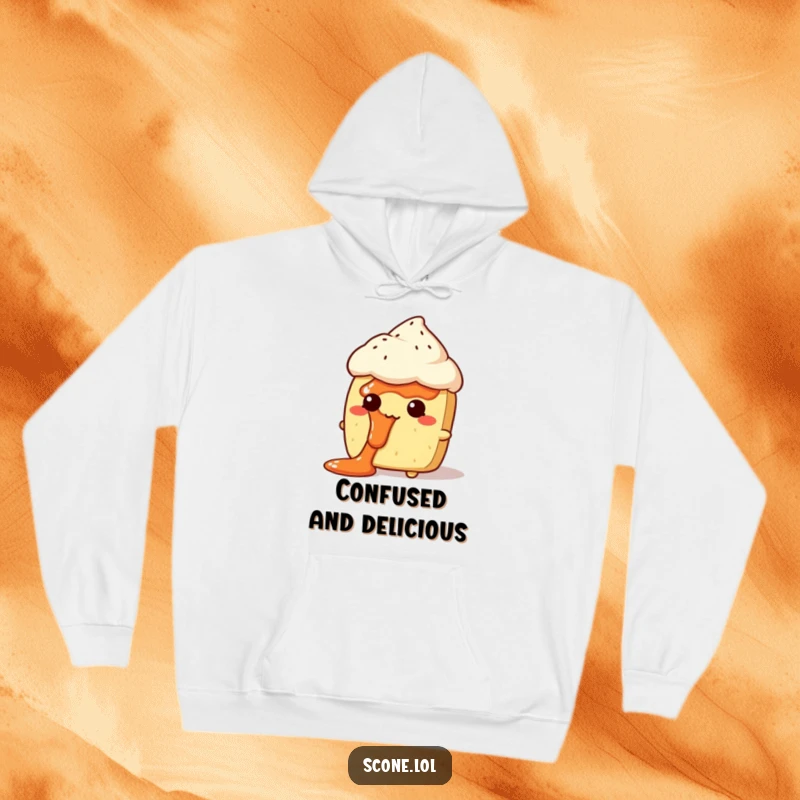 Funny Jam Face Scone Hoodie: A soft hoodie featuring a scone character looking comically bewildered with jam splattered on its face.