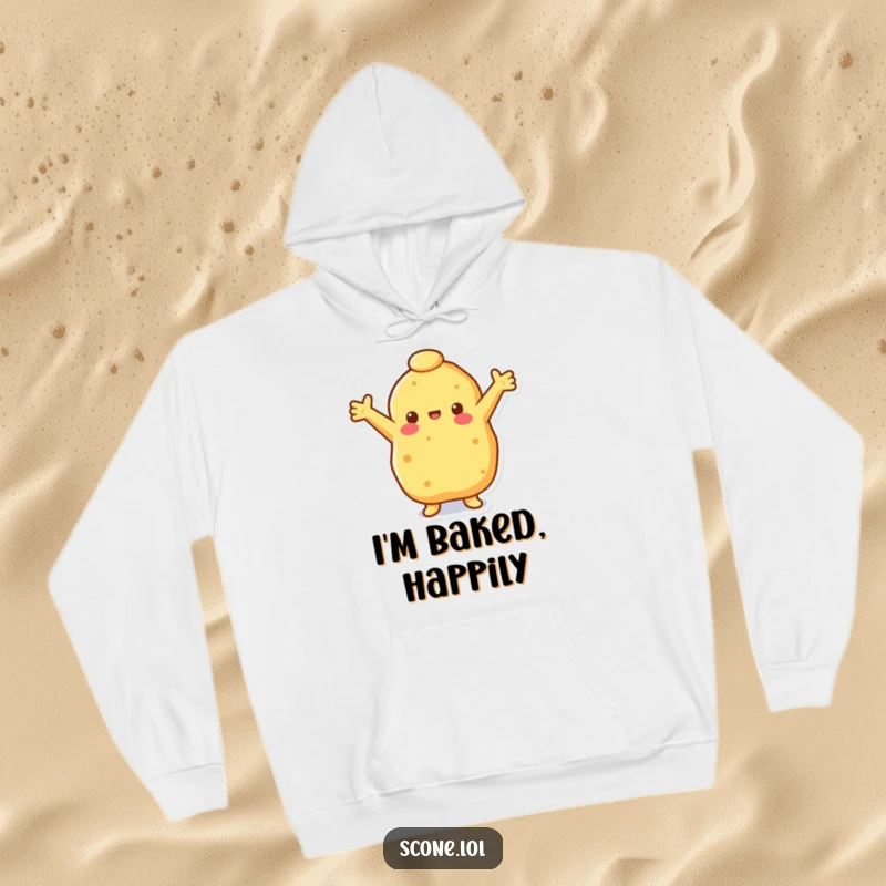 Funny happy scone hoodie with a scone extending its arms, offering comfort and a cheerful, welcoming warmth.