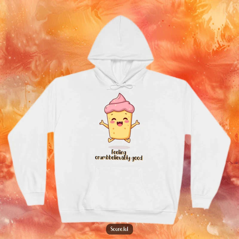Funny scone hoodie, a cheerful baked good jumping with delight, printed on a soft and cozy hoodie.