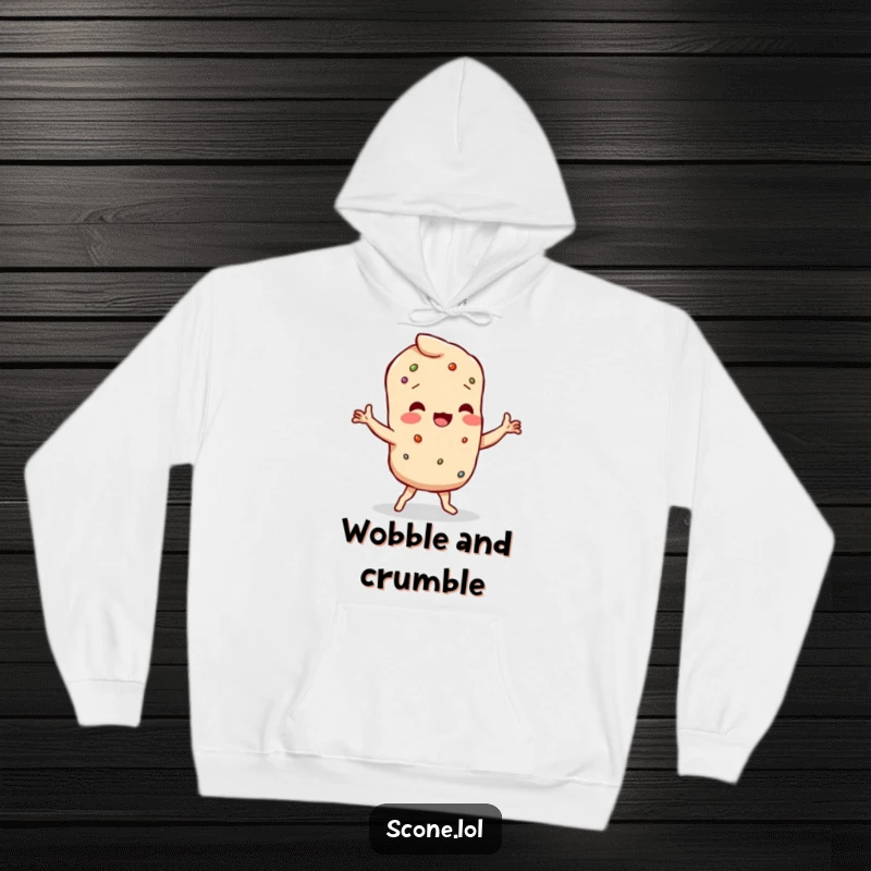 Funny scone character doing a wobbly dance with crumbly limbs, printed on a soft and warm hoodie.