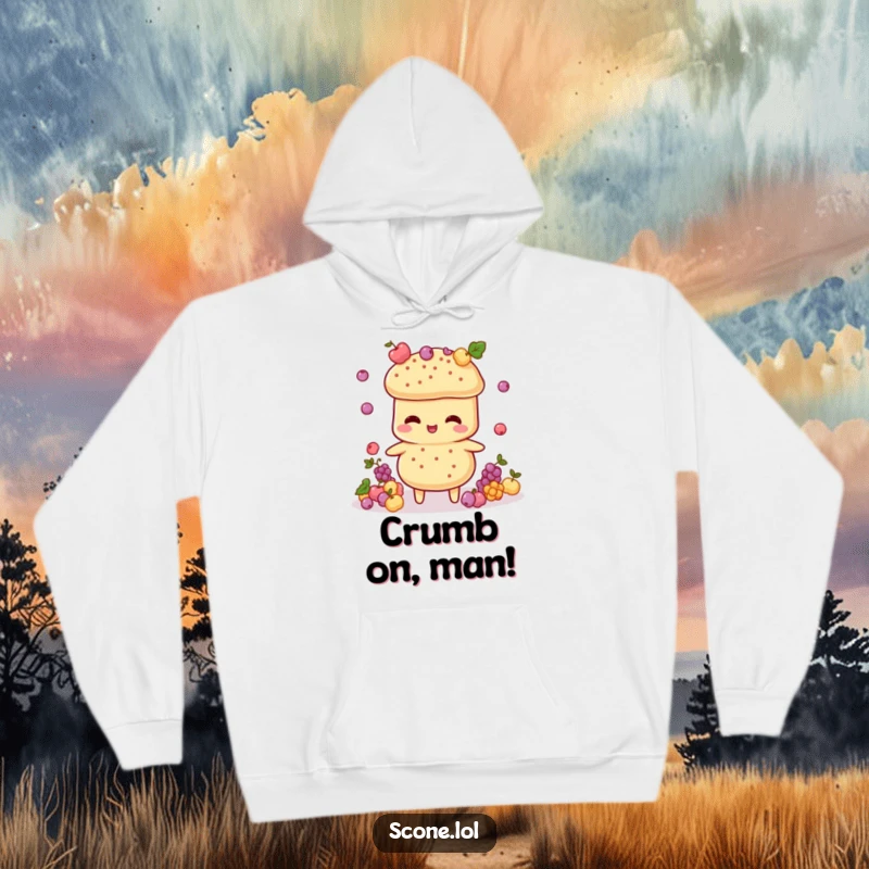 Funny Scone Juggler Hoodie: A warm and soft hoodie featuring a scone character artfully juggling tiny currant decorations.