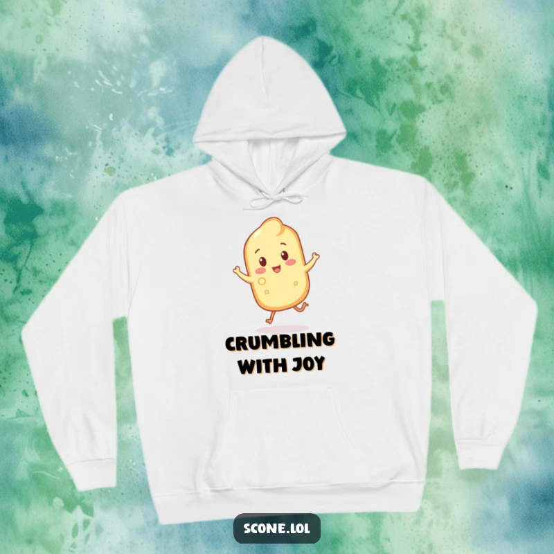 Funny scone with crumbly legs hopping joyfully on a hoodie, perfect for casual comfort and smiles.