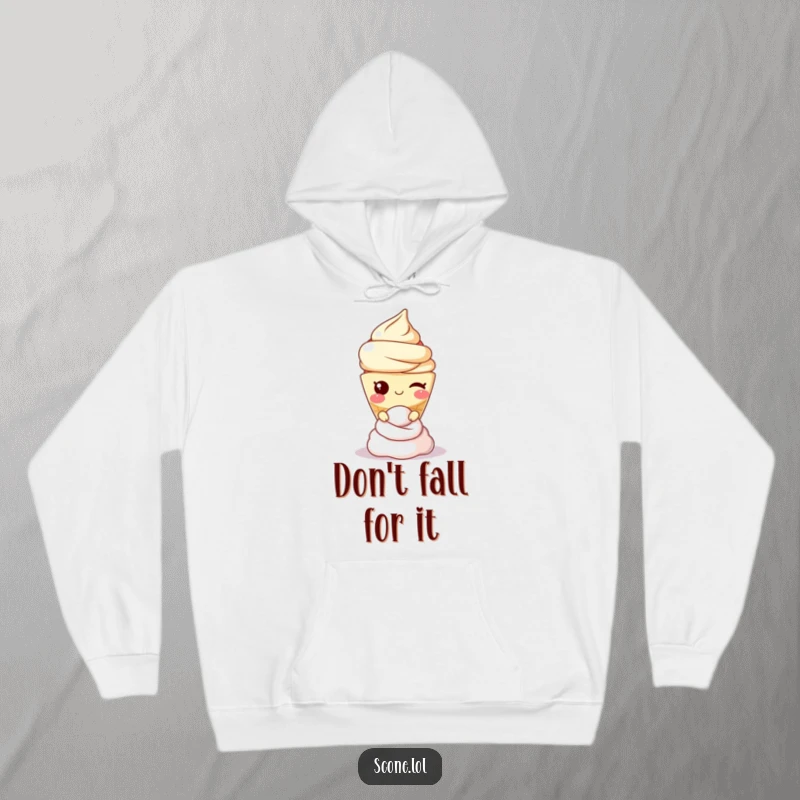 Funny scone character winking while balancing cream, featured on a soft, cozy hoodie for ultimate warmth and humor.