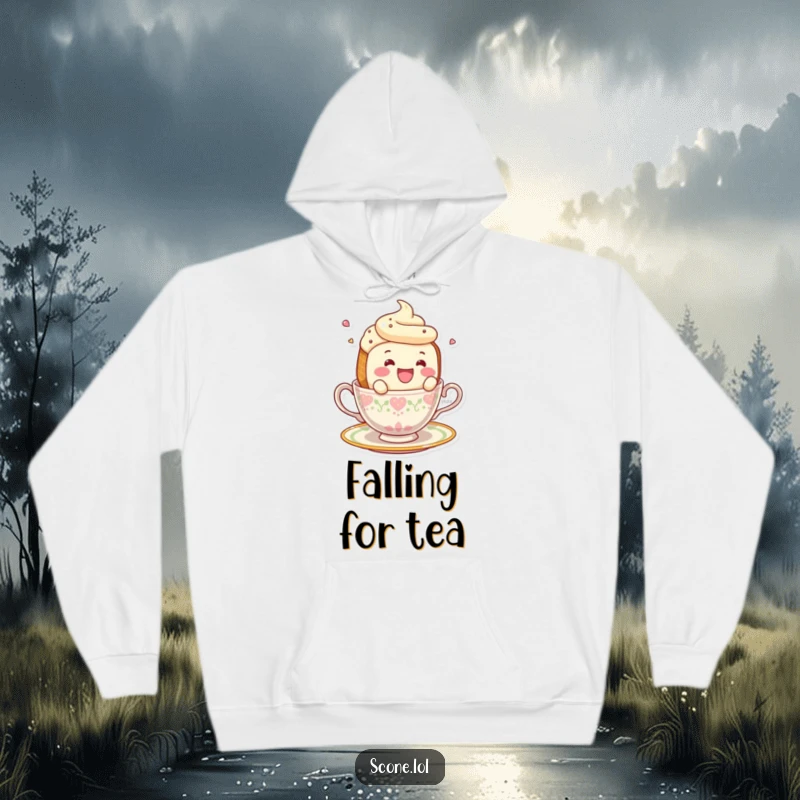 Funny smiling scone character falling off a teacup, featured on a comfortable hoodie.