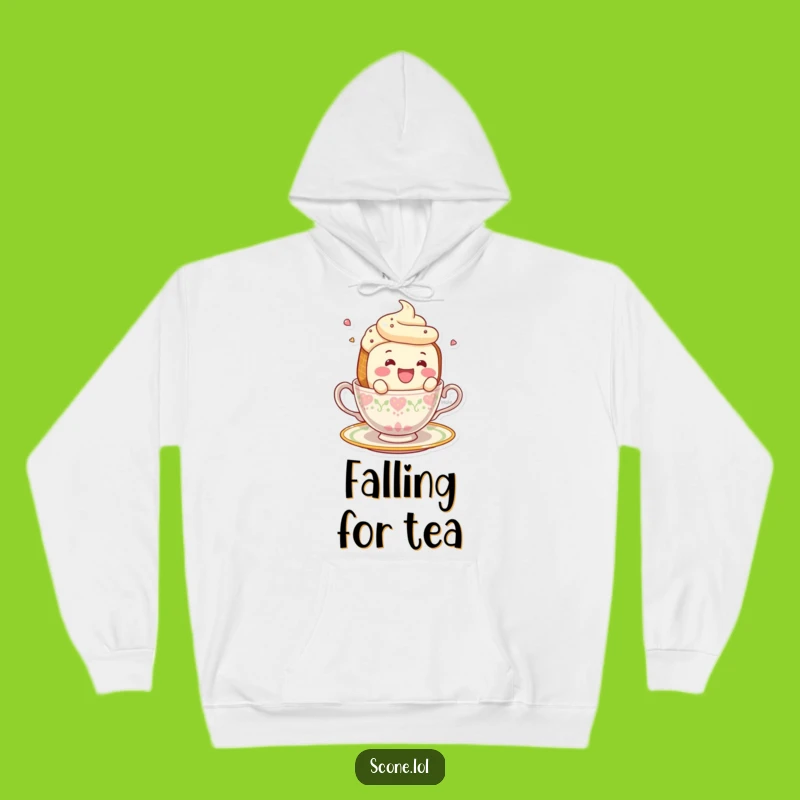 Funny Smiling Scone Falling Teacup Hoodie - Cozy Tea Time Comedy