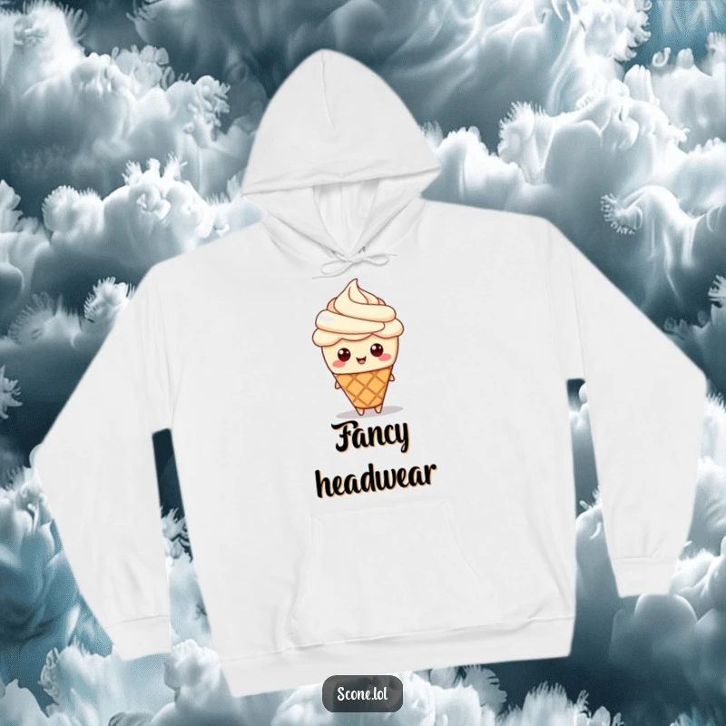 Funny hoodie featuring a scone character adorned with a dollop of cream as a hat, offering cozy and humorous charm.