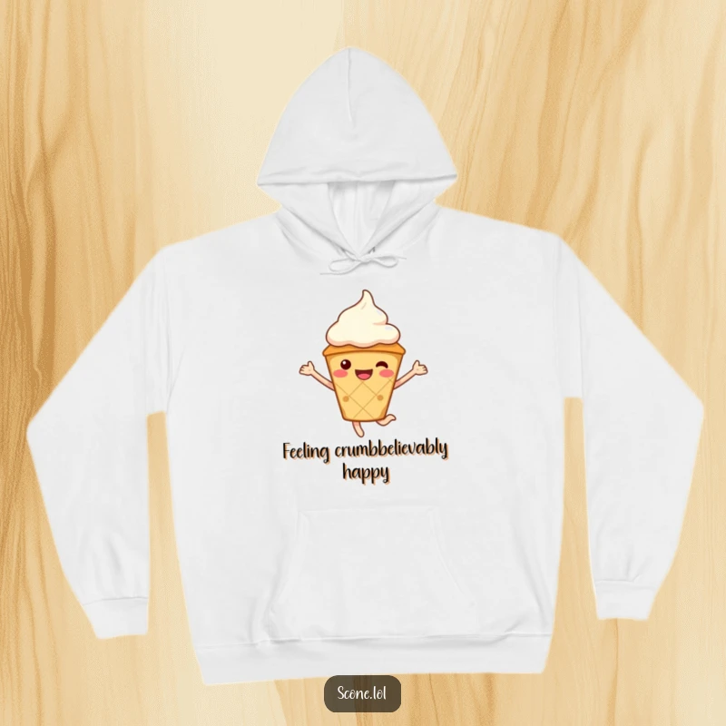 Funny Scone Character Hoodie, sporting a cream hat, joyfully jumping, the epitome of cozy humor.