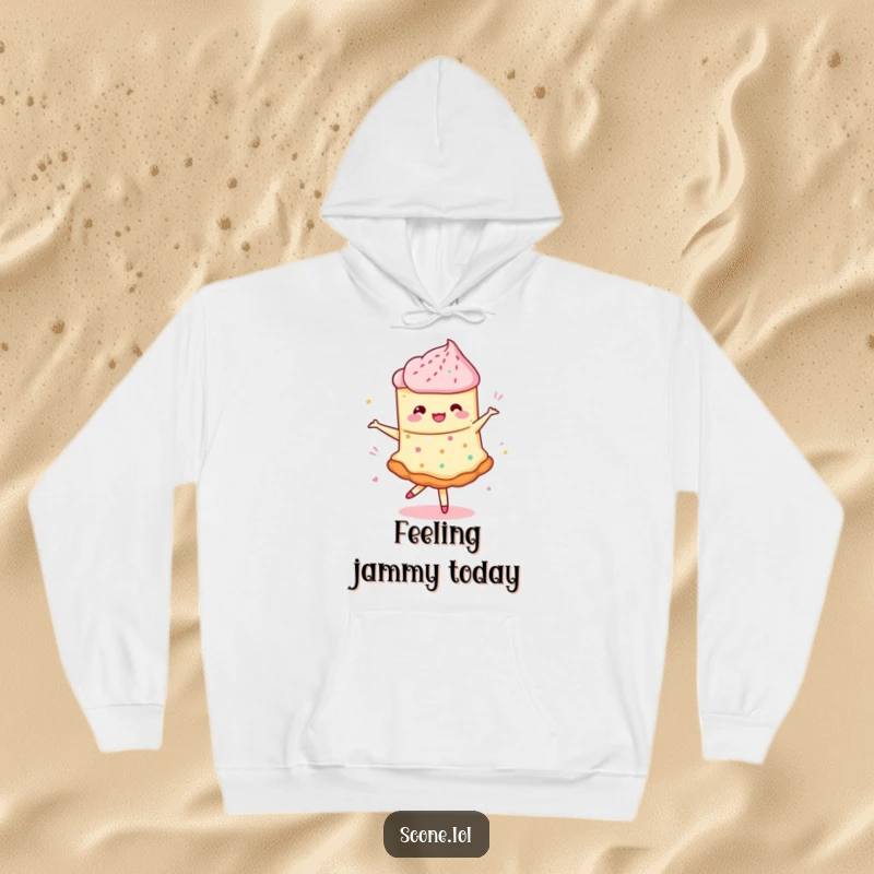 Funny hoodie depicting a scone in a whimsical pirouette with swirling jam, perfect for a cozy, fun vibe.