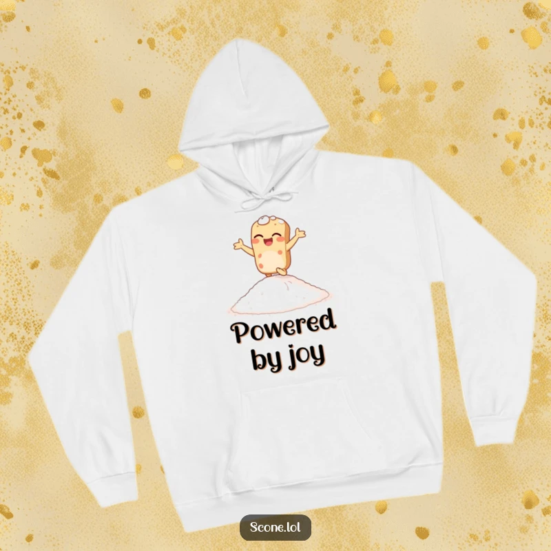 Funny giggling scone hoodie, depicting a scone joyfully hopping on sugar, offering warmth and sweet humor.