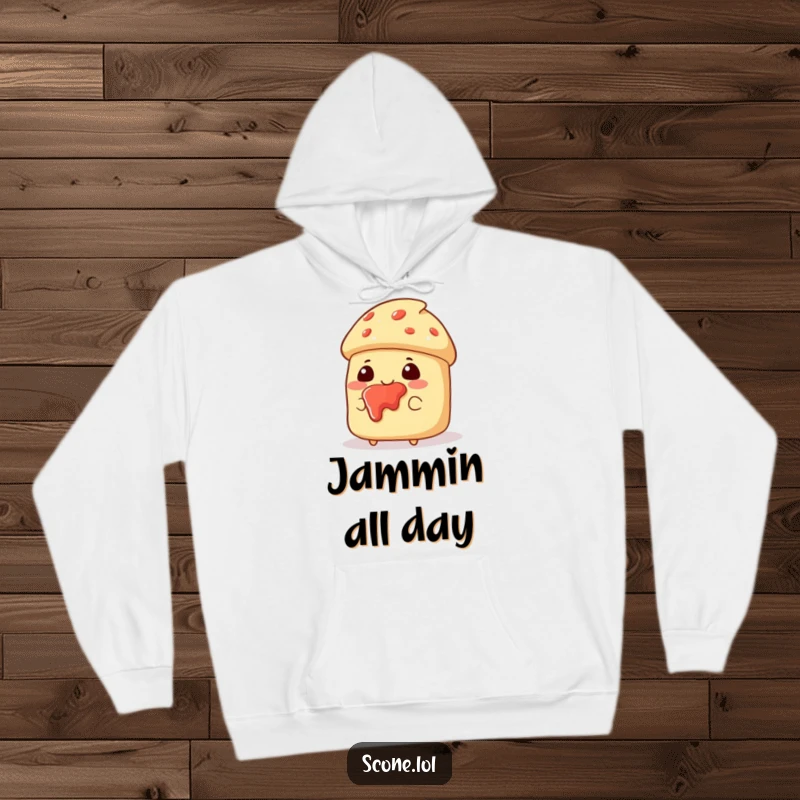 Funny hoodie featuring a scone character with jam splattered on its face, looking pleased and offering cozy, messy charm.