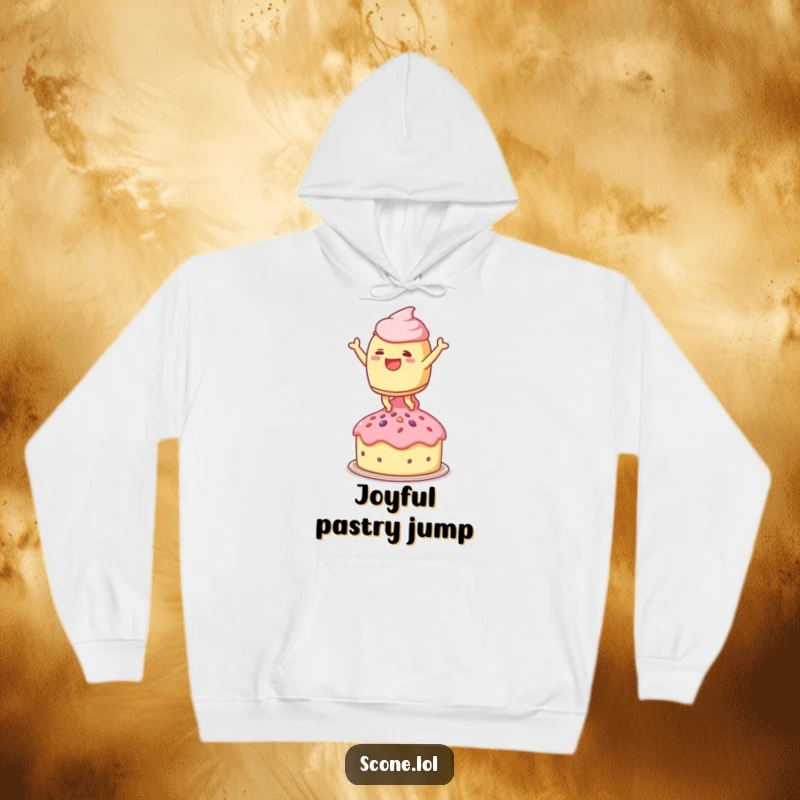 Funny hoodie with a scone character leaping joyfully onto a tiny teacake, offering cozy comfort for sweet treat enthusiasts.