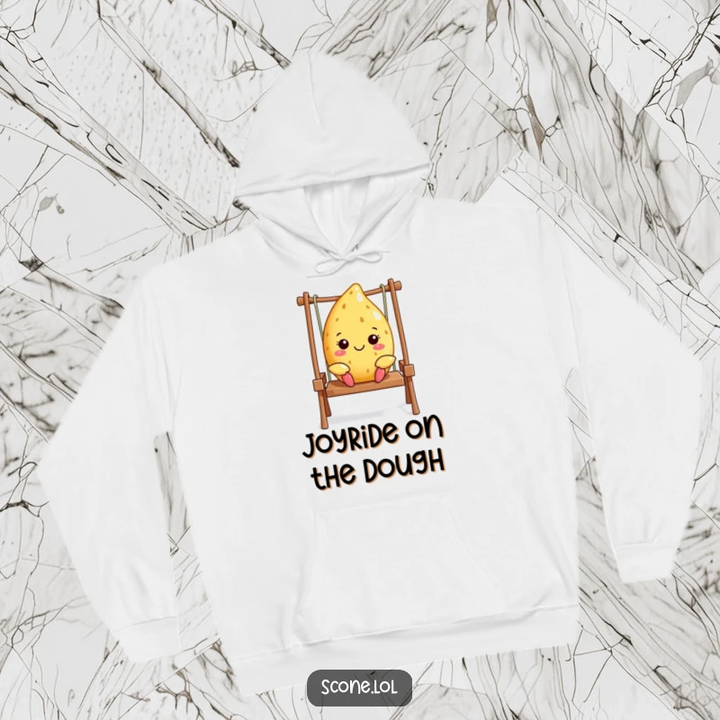 Funny Scone Cozy Hoodie: A happy scone swings merrily, offering comfort and a cheerful escape. Excellent funny gift.