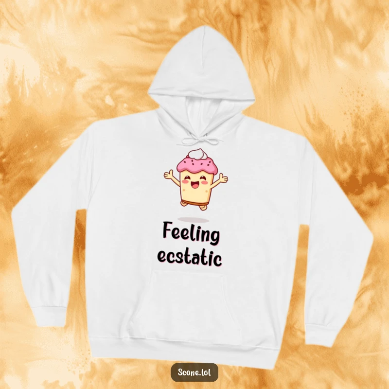 Funny scone character jumping joyfully, holding cream, on a soft and humorous hoodie.