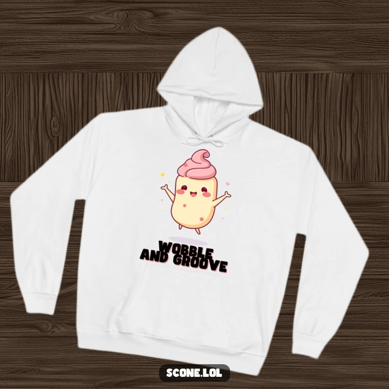 Funny scone character hoodie showing a scone joyfully doing a wobbly dance, perfect for cozy, humorous expression.