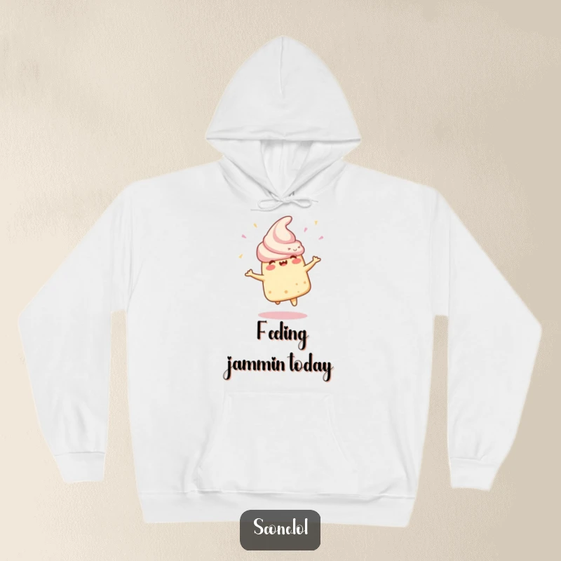 Funny Hoodie featuring a scone character doing a happy spin, symbolizing celebration, warmth, and cozy fun.