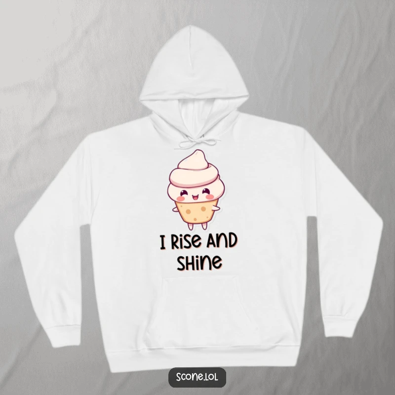 Funny scone hoodie showcasing a scone character in a happy, bouncy pose, perfect for cozy smiles.
