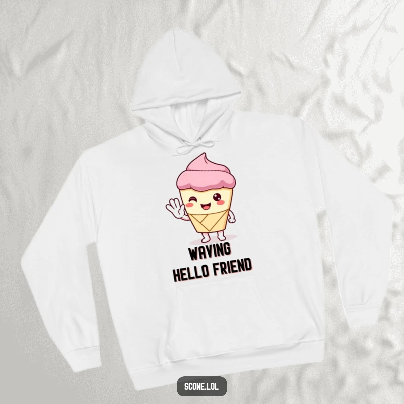 Funny Hoodie featuring a scone character giving a polite wave, symbolizing warmth, comfort, and friendly baked greetings.