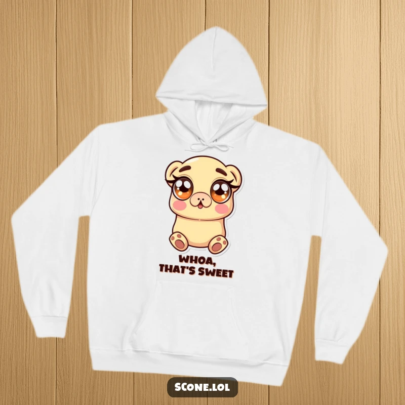 Funny Hoodie featuring a scone character with wide, shocked eyes, symbolizing cozy surprise and warm reactions.