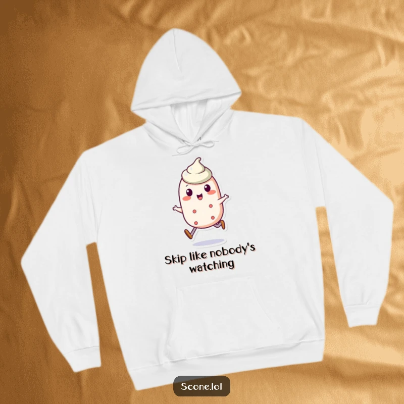 Funny scone character hoodie showing a delighted scone doing a jaunty skip, perfect for cozy, humorous wear.