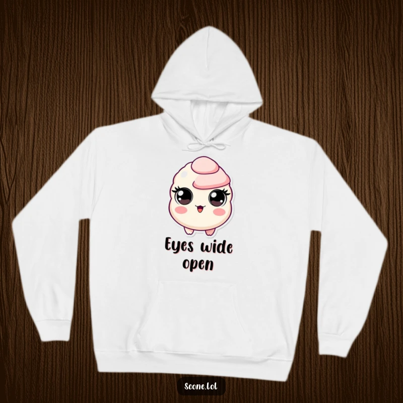 Funny hoodie featuring a scone character with huge, round eyes, conveying a hilarious and relatable state of surprise.