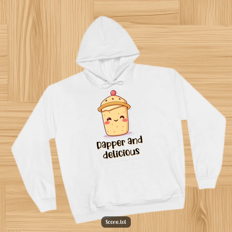 Smiling scone character sporting a petite tea hat, looking delightful on a soft and humorous hoodie.