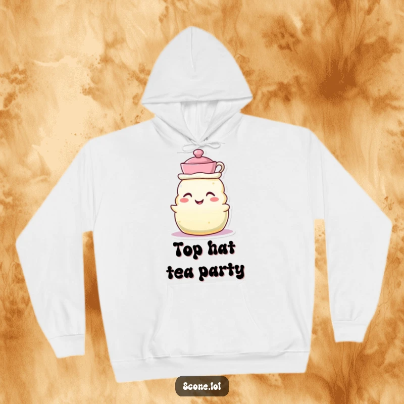 Funny hoodie with a scone character wearing a tiny teacup as a hat, grinning, offering cozy tea time vibes.