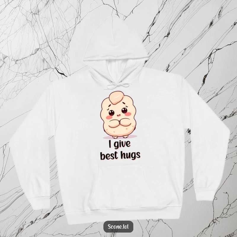 Funny scone hoodie, a baked good character giving a warm hug, offering cozy comfort and a humorous touch.