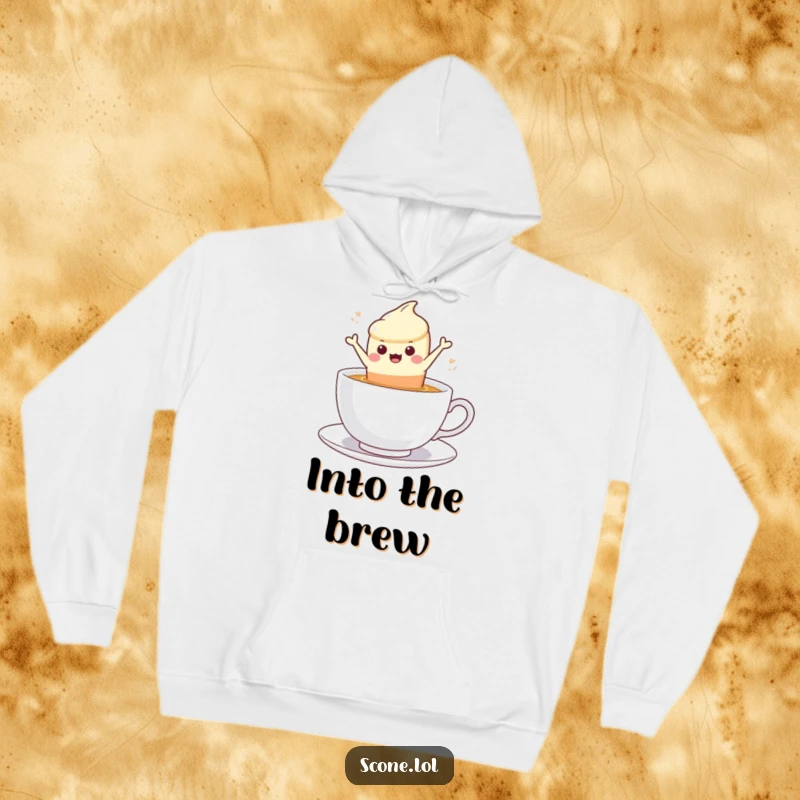 Funny scone character leaping into a steaming cup of tea, printed on a soft and warm hoodie.