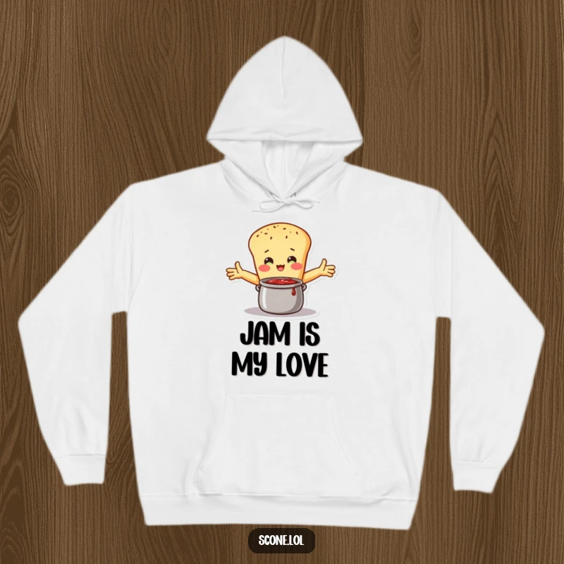 Funny Hoodie: A scone character embraces a pot of jam with open arms, offering a cozy and humorous feeling of affection.