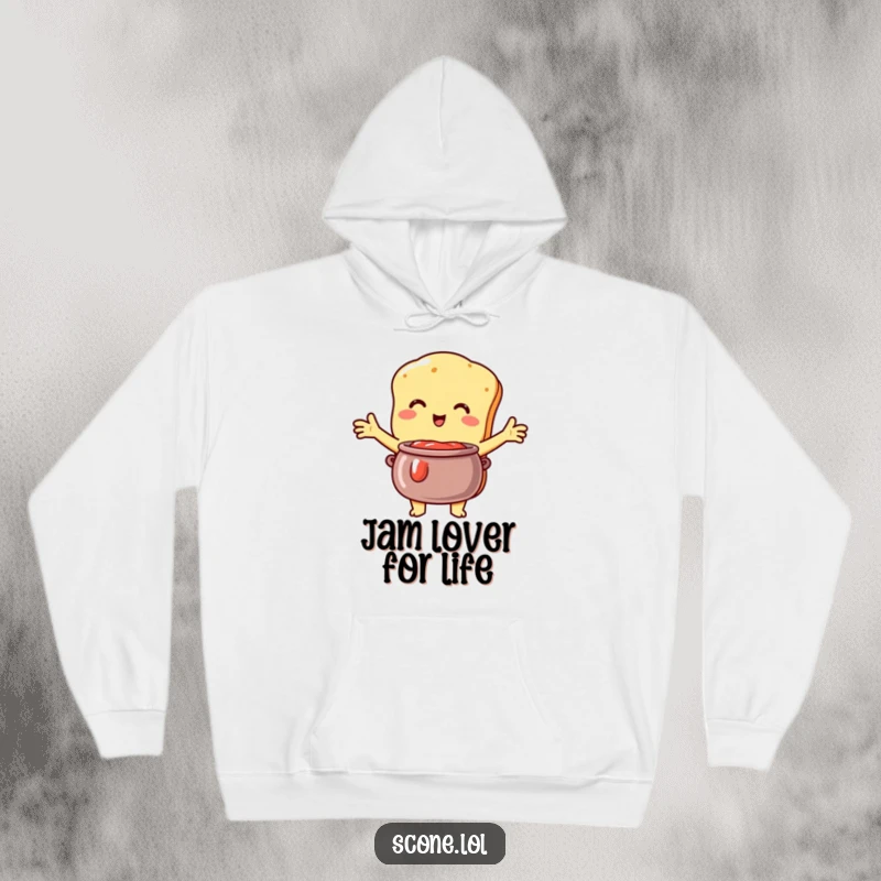 Funny Scone Hoodie: A warm hoodie featuring a scone character embracing a jam pot, exuding sweet, funny love.