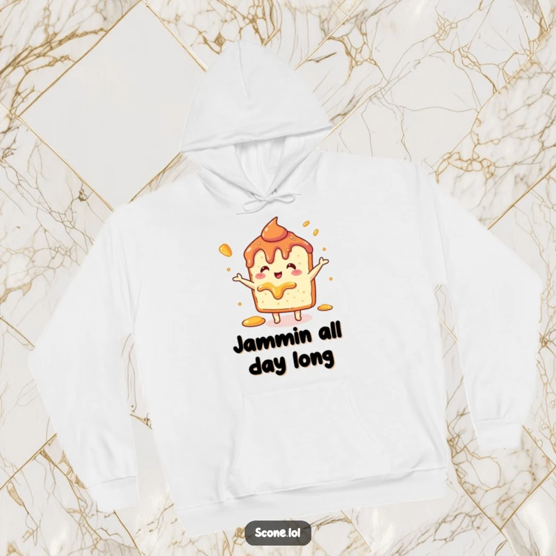 Funny Scone Jam Dance Hoodie: A joyful scone mid-dance, with jam artfully splattered, in a cozy hooded sweatshirt.