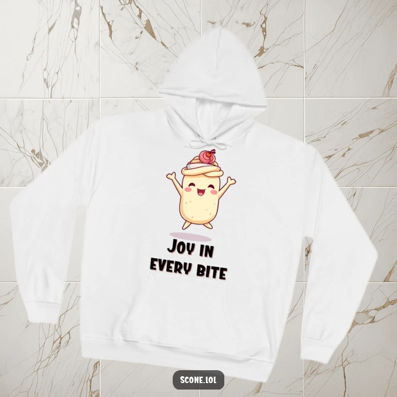 Funny scone hoodie depicting a scone wearing a tiny teacup hat, joyfully jumping, bringing warmth and humor as a funny gift.