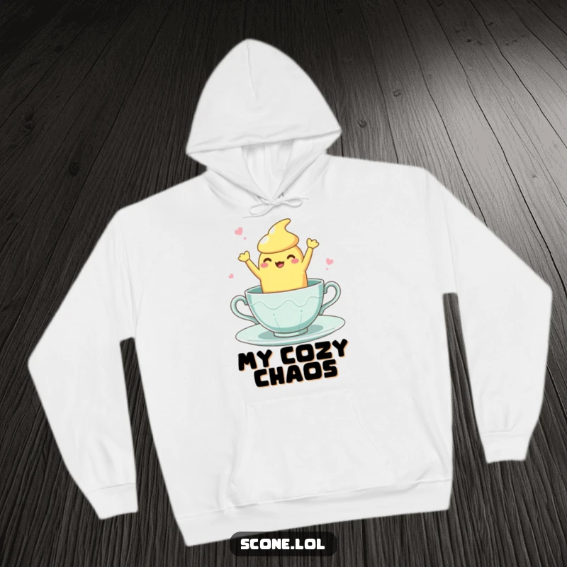 Funny Teacup Dance Scone Hoodie: A soft hoodie featuring a scone character doing a clumsy, fun dance inside a teacup.