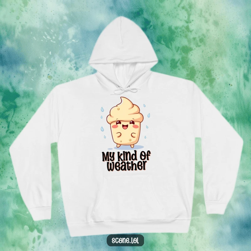 Funny scone character hoodie, mid-downpour, with a wide, delighted grin, playfully evading raindrops, radiating pure, unadulterated fun.